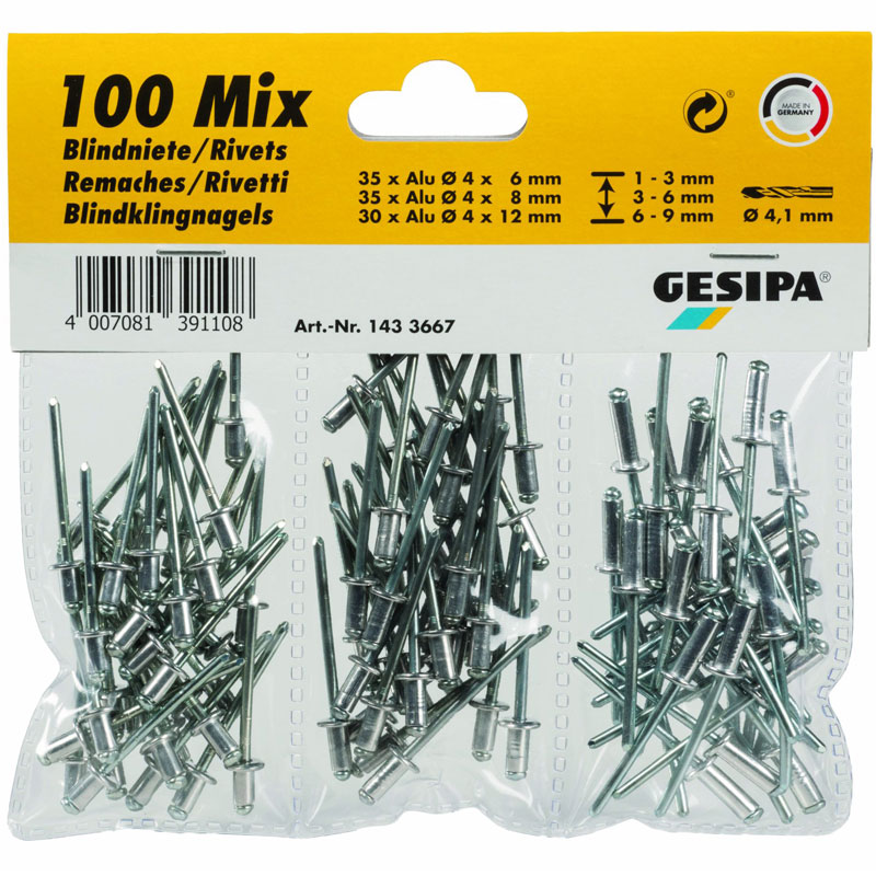 Blind rivet assortment (100 blind rivets in alu/steel)